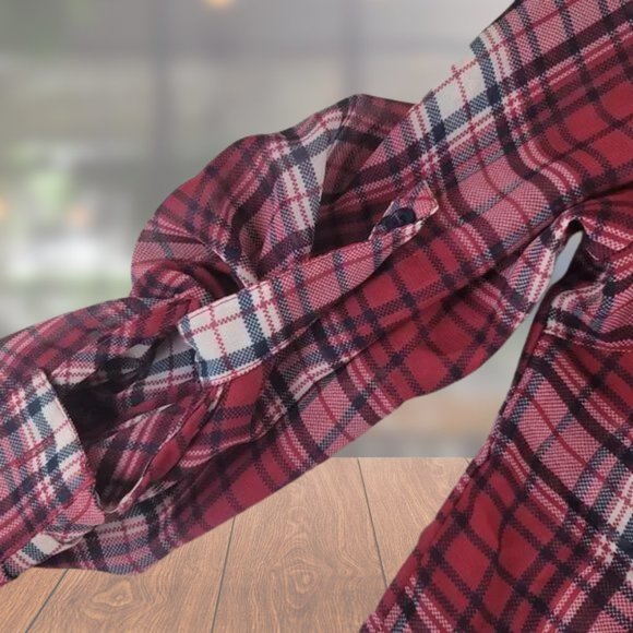 Xhilaration red and navy plaid sheer, long sleeved button-up shirt. - Picture 7 of 8